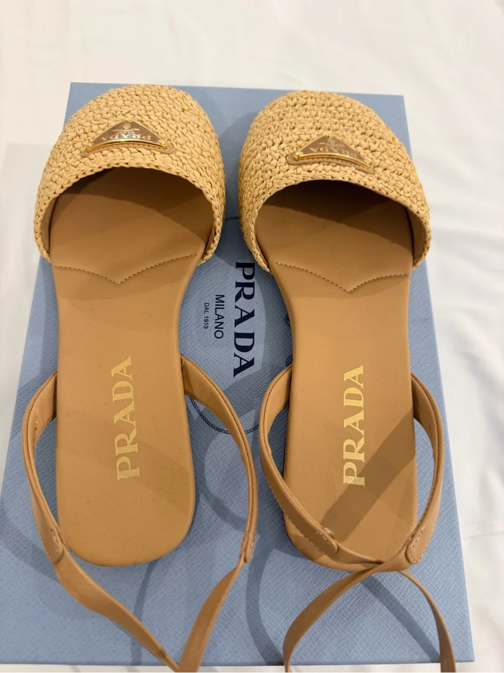 Prada Raffia Woven Wrap Up Sandals